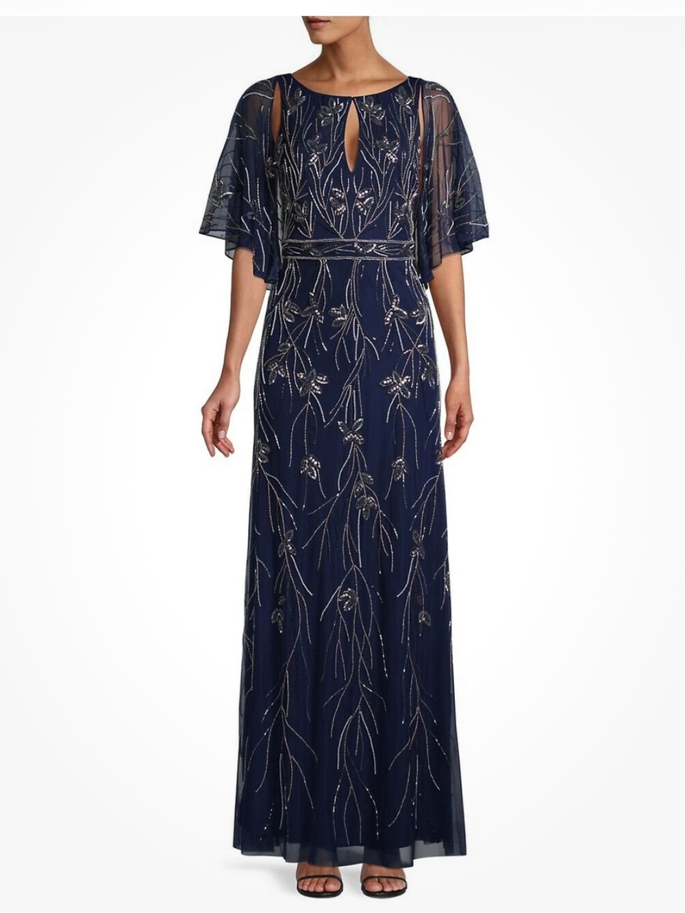 Aidan by Aidan Mattox Beaded Mesh Column Gown, Jewel neck, Navy Size 14, $495